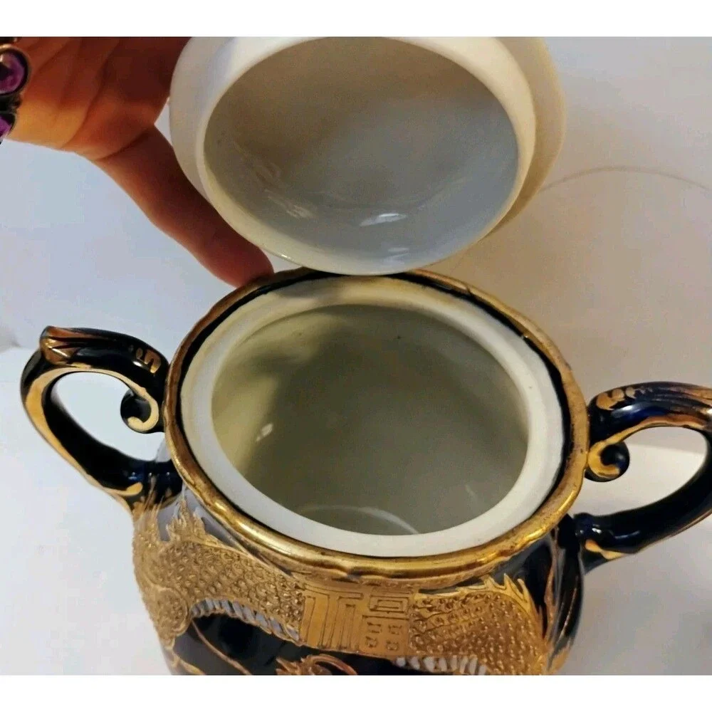 Vtg Chinese Fuzhou Lacquer Dragon Creamer & Sugar Bowl Set Black Gold Collect